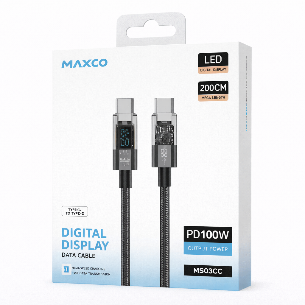 Image de Câble de charge rapide MAXCO USB-C vers USB-C PD 100W avec écran LED – 2 mètres