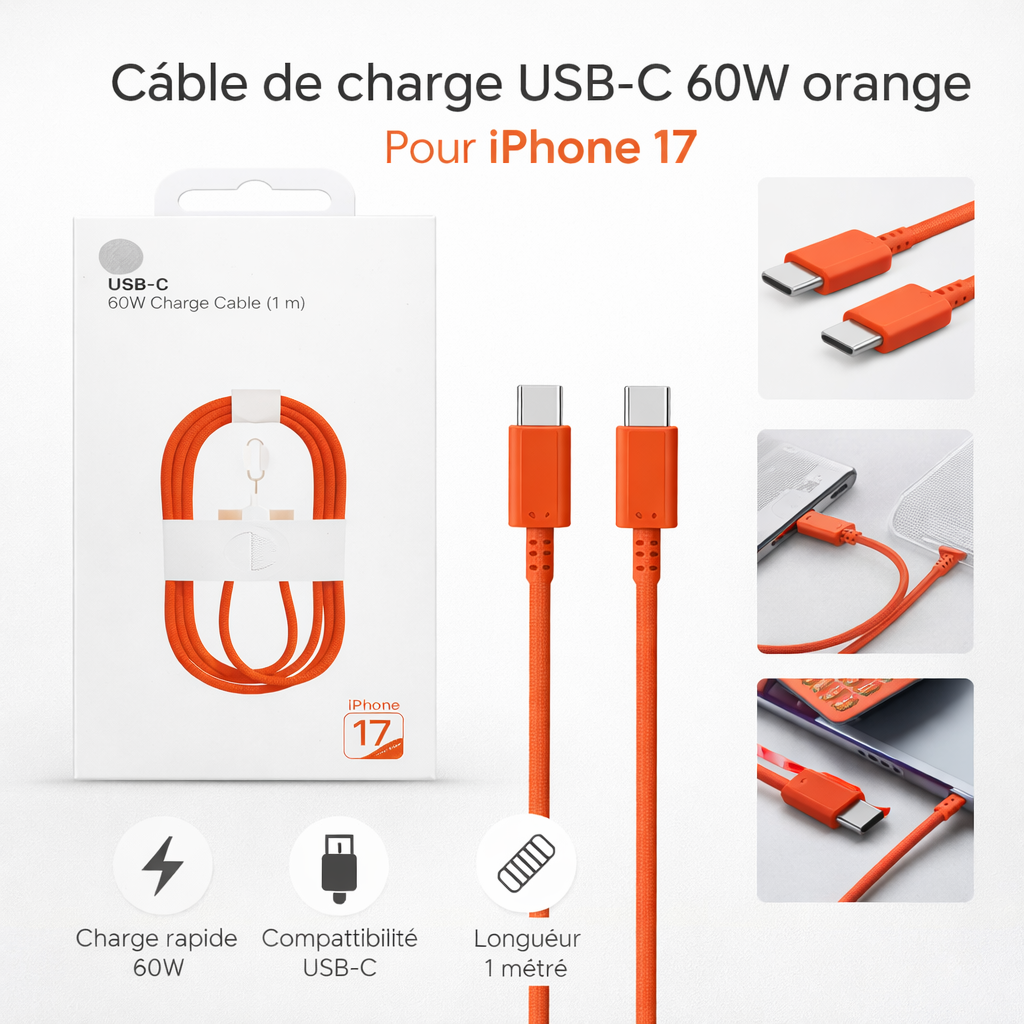 Image de Câble USB-C 60W – iPhone 17 (1 m)