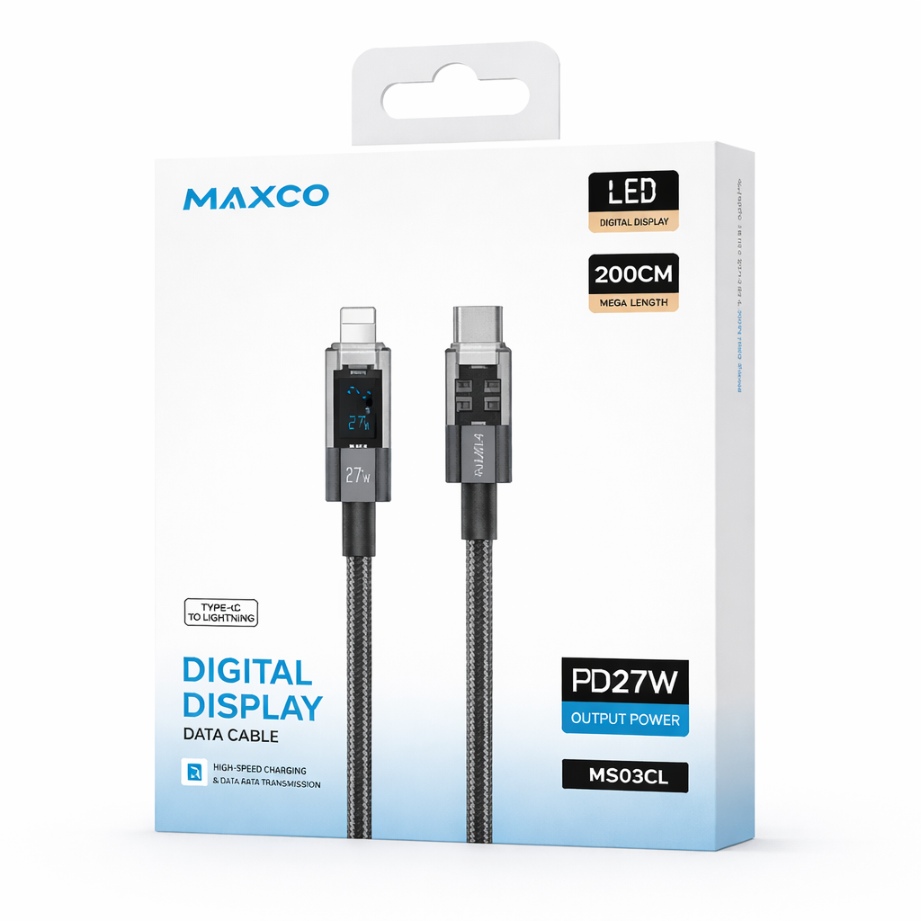 Image de Câble de charge rapide MAXCO USB-C vers Lightning avec écran LED – 2 mètres