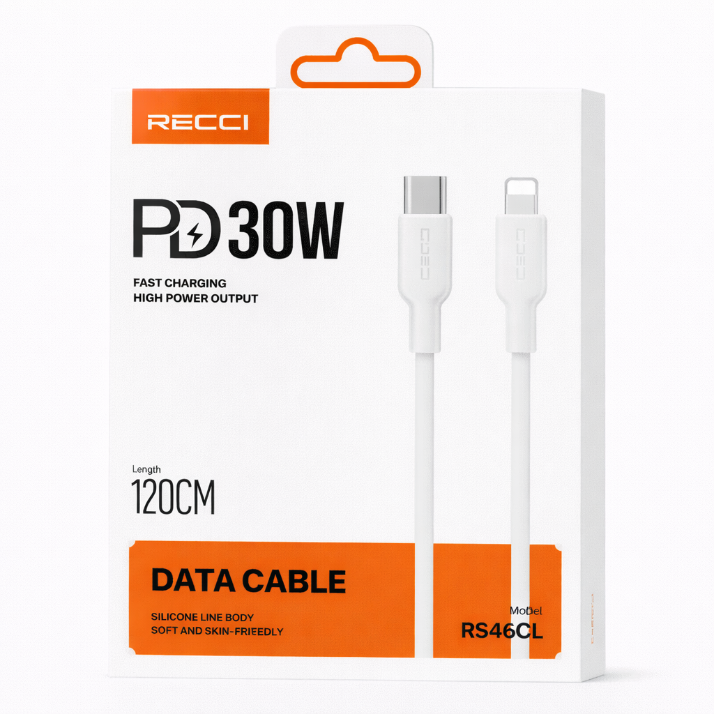 Image de Câble de charge rapide RECCI USB-C vers Lightning PD 30W – Blanc (Modèle RS46CL)